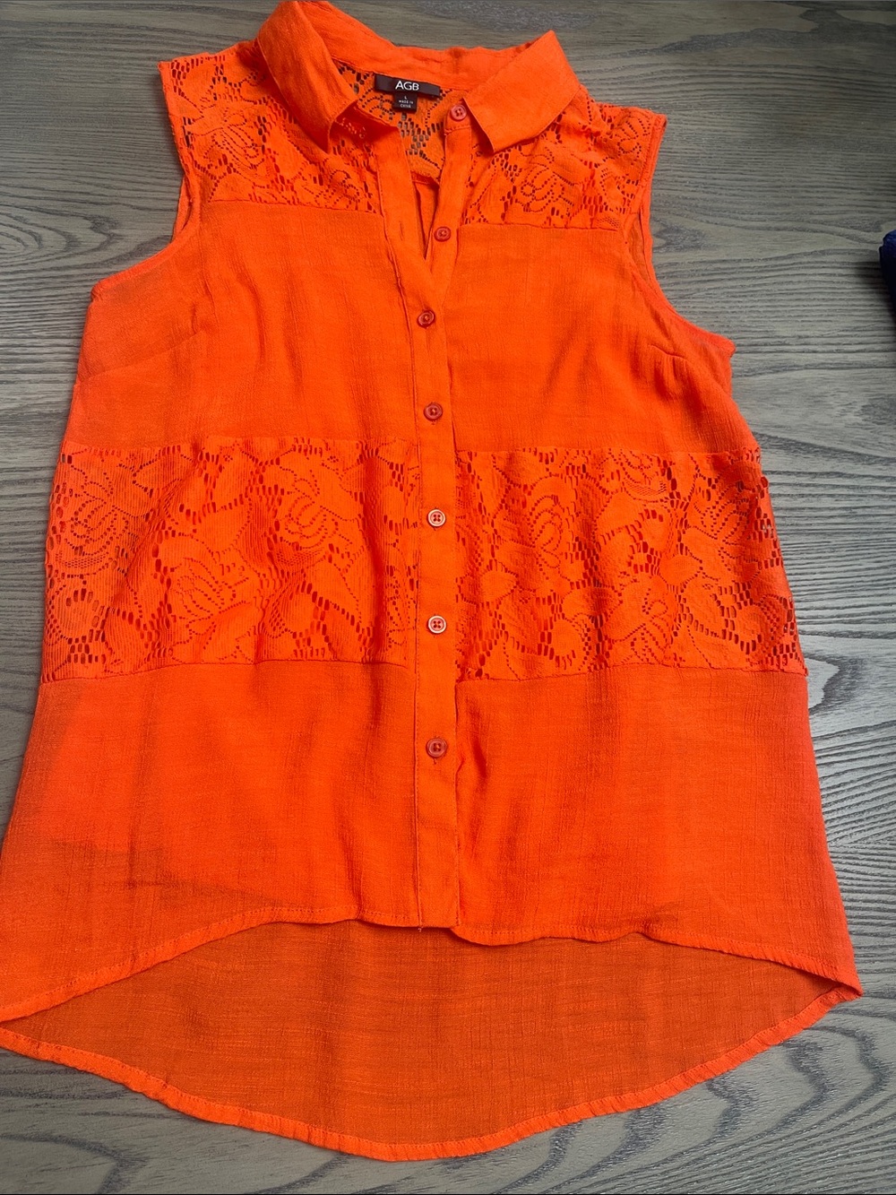 AGB Sleeveless Button-Front Lace Panel Top — Bright Orange